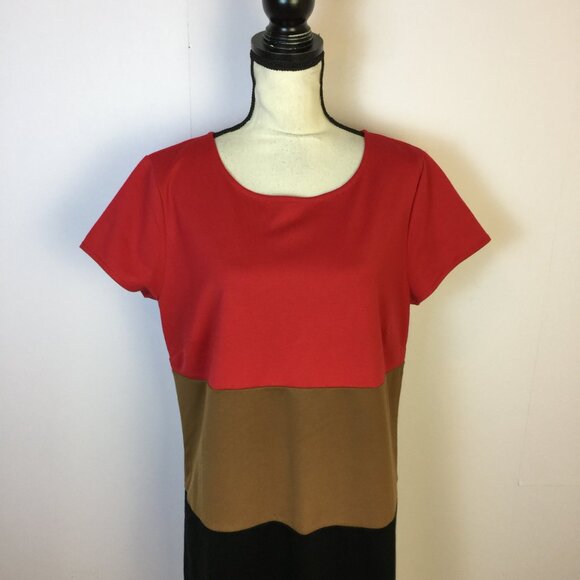 Ann Taylor Loft Dress Sz 16 Womans Red Black Brown Knit Colorblock Short Sleeve - Picture 9 of 12